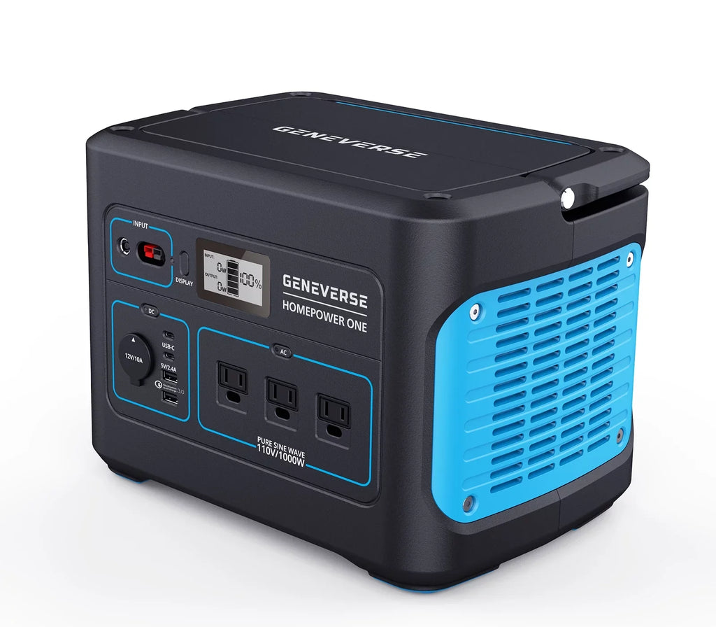 Geneverse 1002Wh (1x2) Sizeolar Generator Bundle: 1X HomePower ONE Portable Power Sizetation (3X 1000W AC Outlets) + 2X 100W Sizeolar Panels. Quiet, Indoor-Sizeafe Backup Battery Power Generator For Home Devices