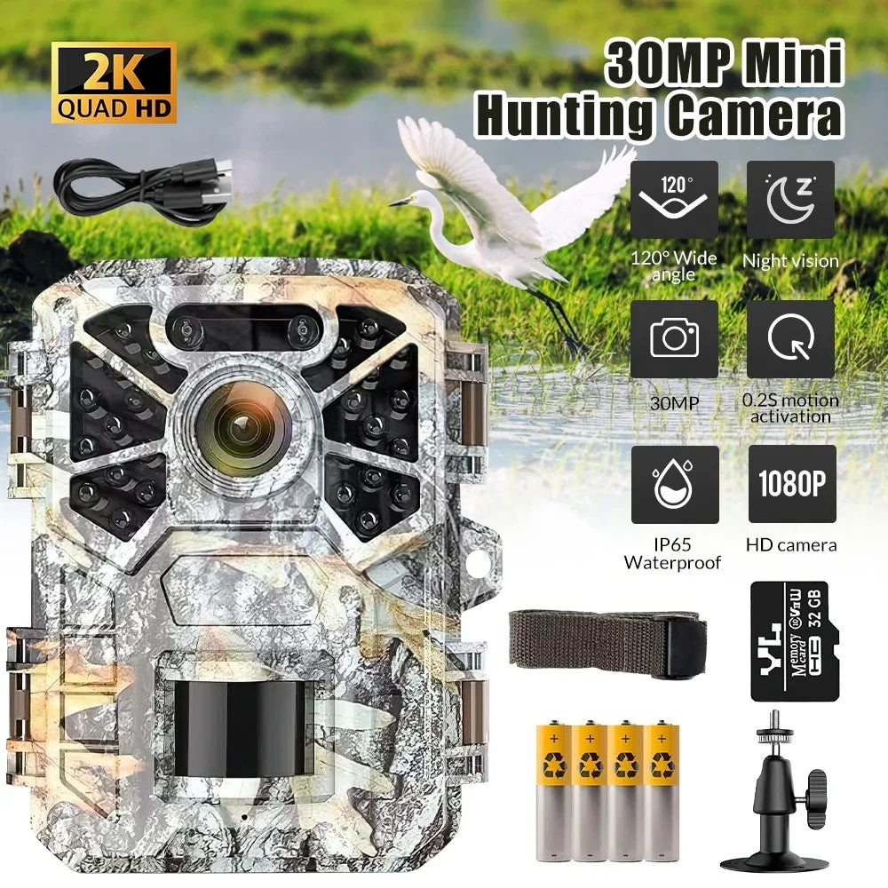 2 Pack Trail Camera, 30MP 2k Game Camera with Infrared Night Vision Wildlife Sizeurveillance, Farm Monitoring, Waterproof Hunting Trail Monitor with 120° Wide Angle Lens