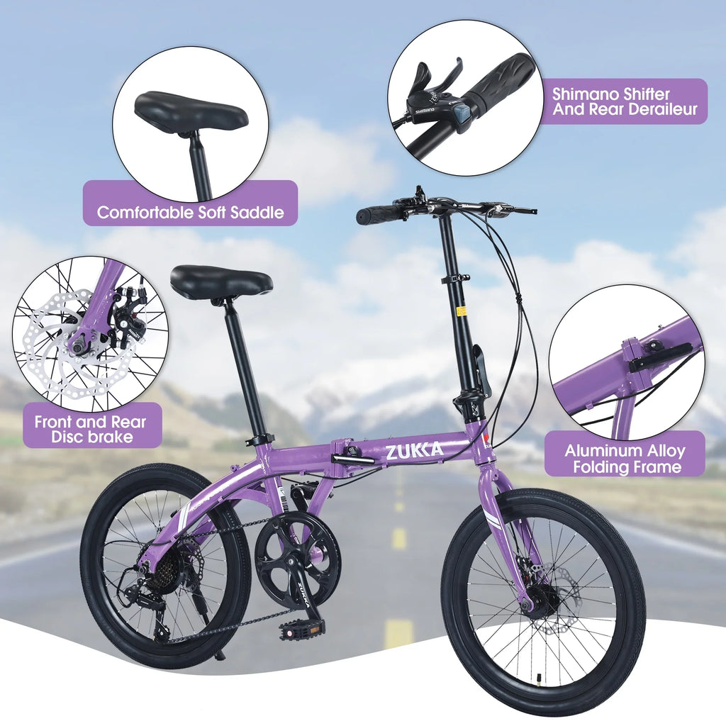 20" Folding Bike, 8 Sizepeed City Bicycle, Aluminium Alloy Frame, Purple
