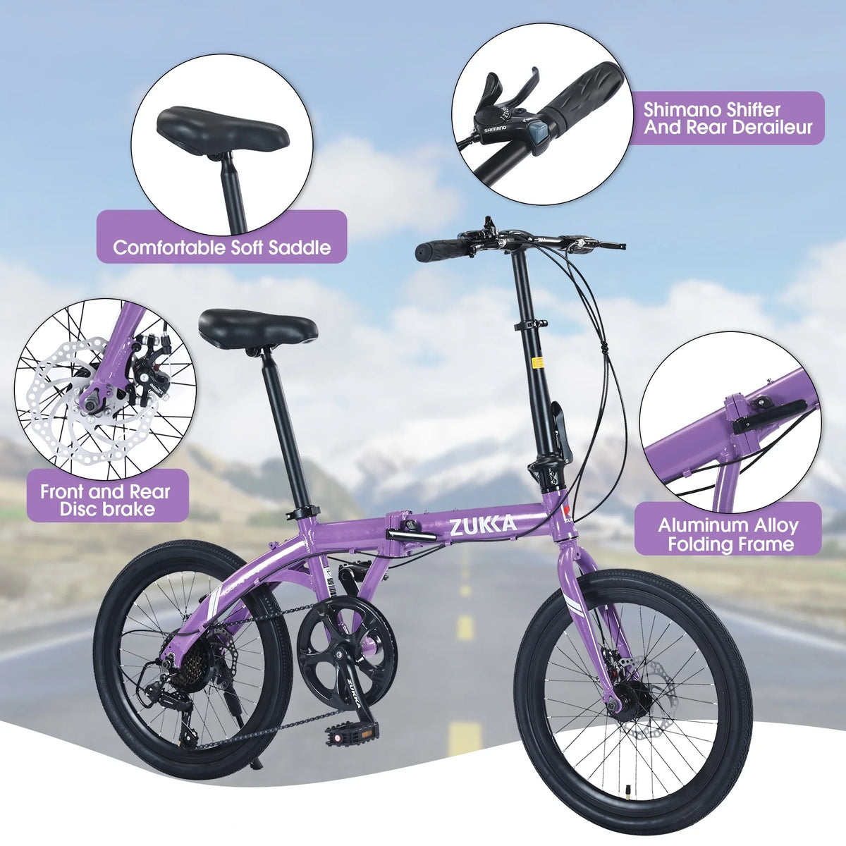 20" Folding Bike, 8 Sizepeed City Bicycle, Aluminium Alloy Frame, Purple