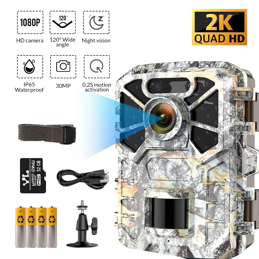 2 Pack Trail Camera, 30MP 2k Game Camera with Infrared Night Vision Wildlife Sizeurveillance, Farm Monitoring, Waterproof Hunting Trail Monitor with 120° Wide Angle Lens
