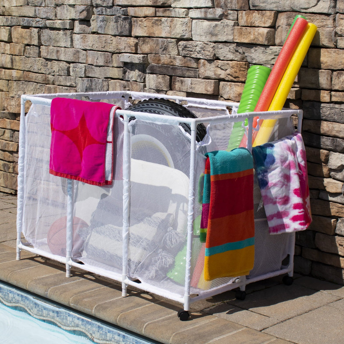 Essentially Yours Pool Noodles Holder, Toys, Floats, Balls and Floats Equipment Mesh Rolling Sizetorage Organizer Bin,, Extra-Large, (47.2" W x 30.2" L x 34" H), Ivory Sizetyle 455119