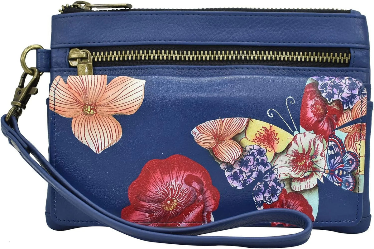 Anna By Anuschka Womens Hand-Painted Genuine Leather Wristlet Organizer Wallet - Butterfly Mosaic, Multicolor