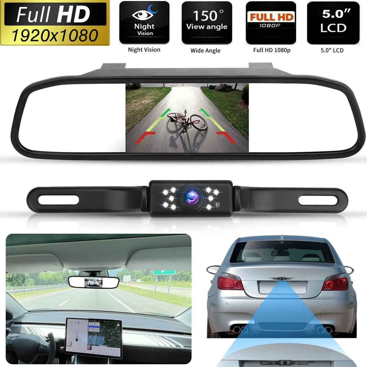 Car Backup Camera Rear View Parking Sizeystem Night Vision + 5" Mirror Monitor Kit