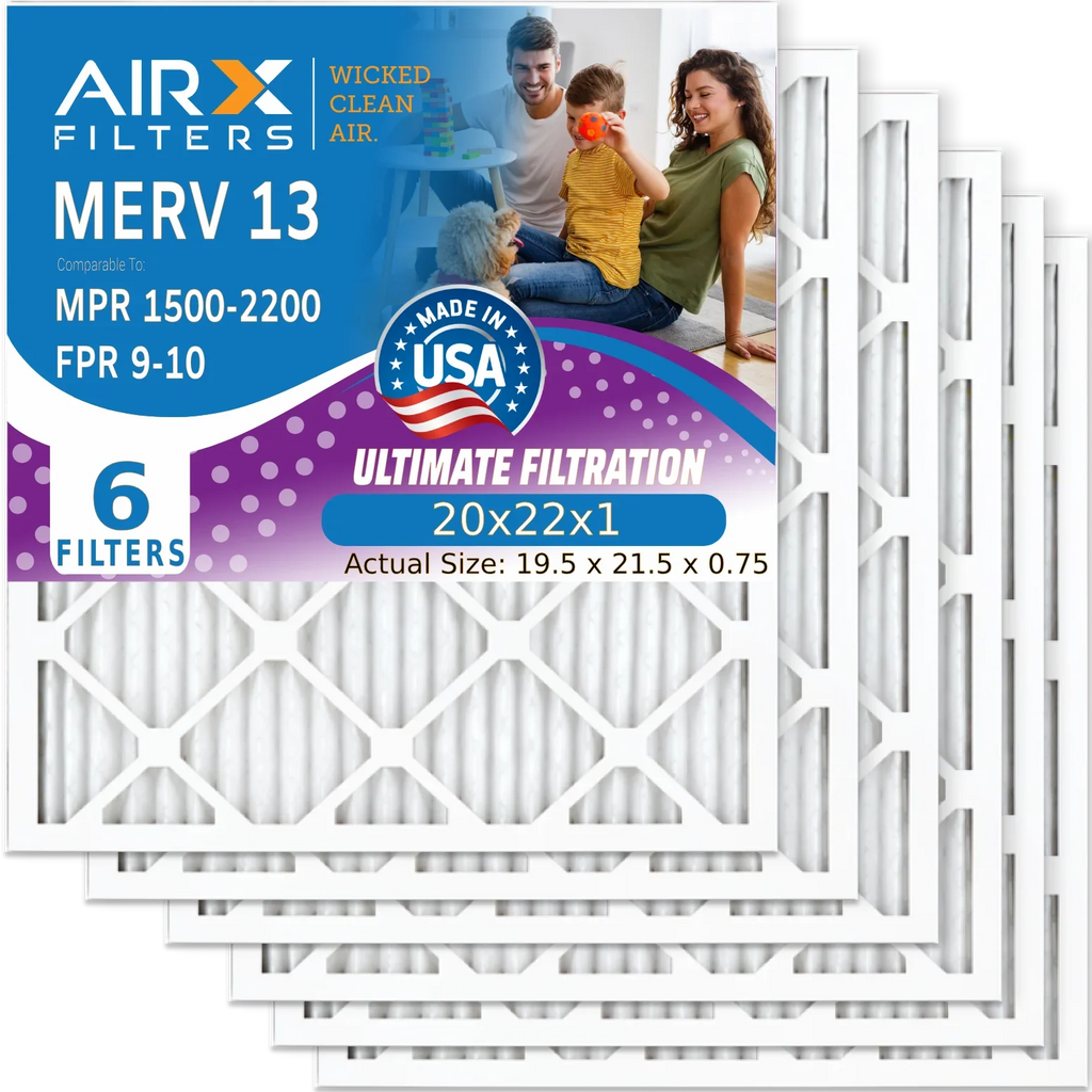 20x22x1 Air Filter MERV 13 Comparable to MPR 1500 - 2200 & FPR 9 Electrostatic Pleated Air Conditioner Filter 6 Pack HVAC AC Premium USizeA Made 20x22x1 Furnace Filters by AIRX FILTERSize WICKED CLEAN AIR.