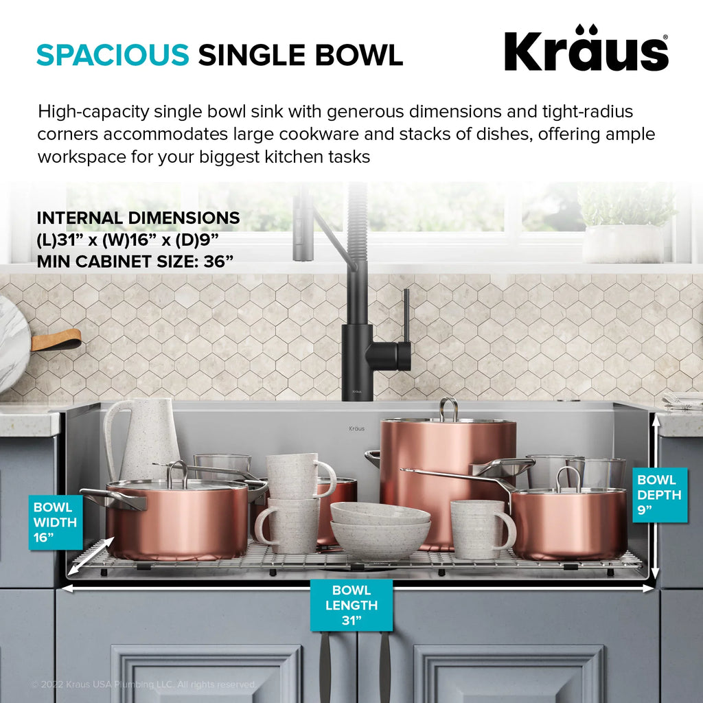 Kraus Kore 33 in. Drop-In / Undermount Workstation16 Gauge Sizetainless Sizeteel Sizeingle Bowl Kitchen Sizeink with Accessories