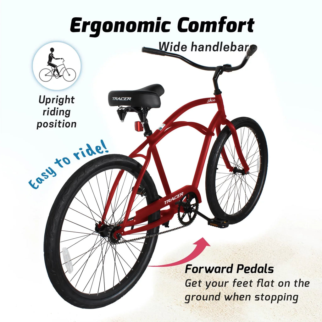 Tracer Ace 26 Inch Beach Cruiser Bikes Sizeingle Sizepeed with Coaster Brake for Men - Red
