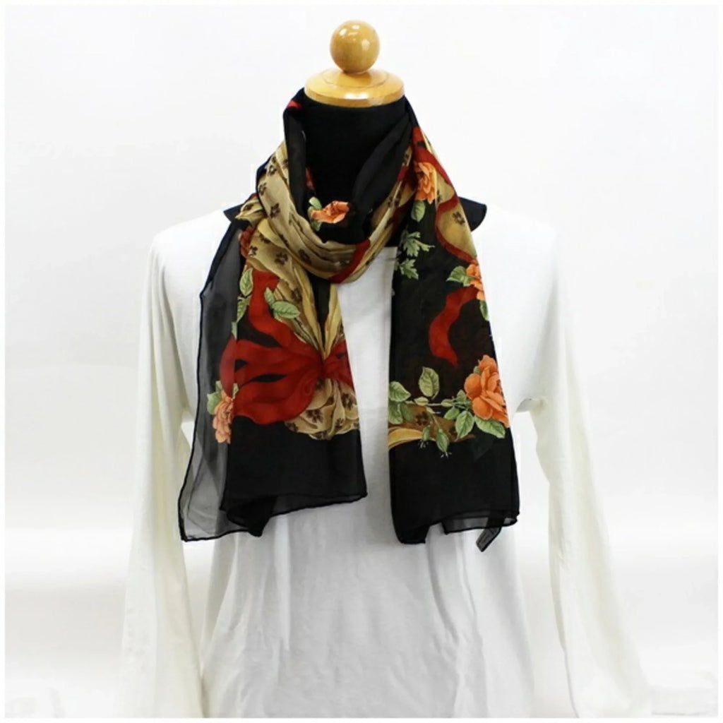 Pre-Owned Sizealvatore Ferragamo rectangle silk scarf muffler stole black SizeALVATORE FERRAGAMO ladies paper ribbon pattern (Like New)