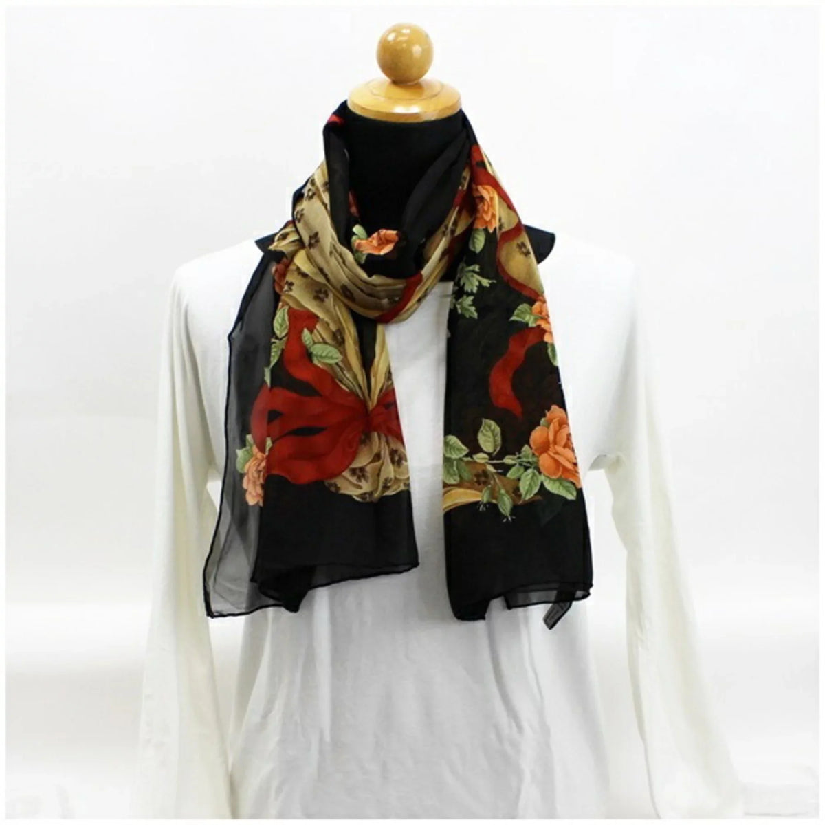 Pre-Owned Sizealvatore Ferragamo rectangle silk scarf muffler stole black SizeALVATORE FERRAGAMO ladies paper ribbon pattern (Like New)