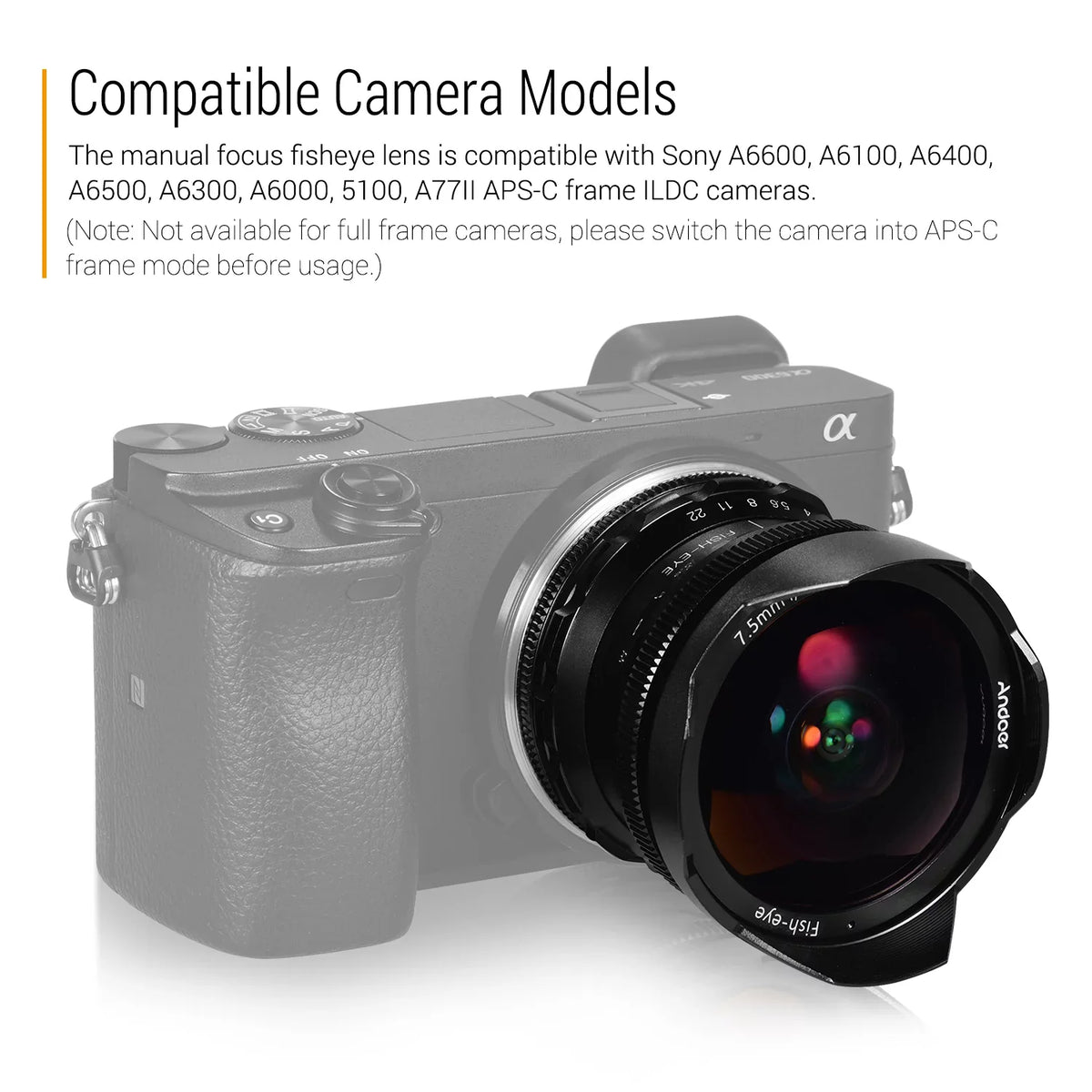 Andoer Camera lens,Fisheye Lens 180° Wide Aperture Lens Compatible With Wide Aperture E-mount Camera A6600 A6100 With Aps-c Frame Camera A6600 7.5mm F2.8 Manual A6500 A6300 A6000 Lens 180° Wide
