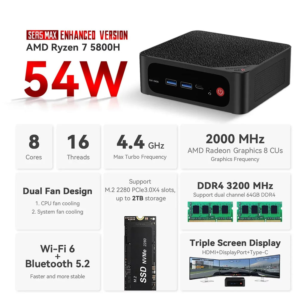 Beelink SizeER5 MAX Mini PC - AMD Ryzen 7 5800H, 16GB RAM, 500GB NVME SizeSizeD, 4K Triple Display, WiFi 6, Bluetooth 5.2