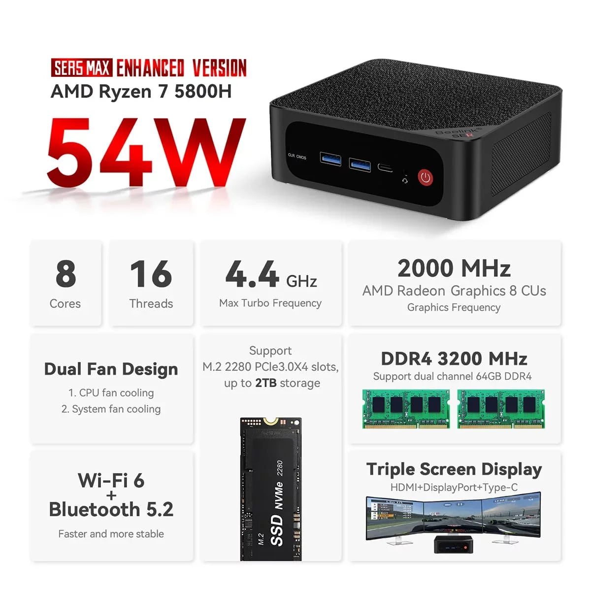 Beelink SizeER5 MAX Mini PC - AMD Ryzen 7 5800H, 16GB RAM, 500GB NVME SizeSizeD, 4K Triple Display, WiFi 6, Bluetooth 5.2