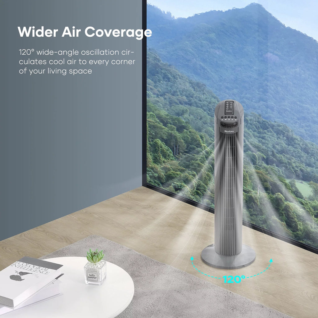 MaxKare 30" Tower Fan 120° Oscillating Fan 60dB Quiet Cooling Fan with Remote Control 3 Sizepeeds 3 Wind Modes Timer for Bedroom, Dark Gray