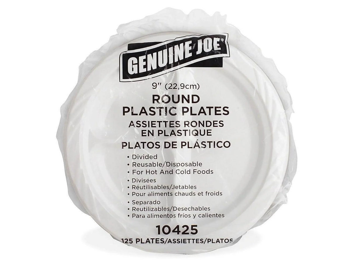 Genuine Joe 3-section Round Plastic Plates, 9", 125 Pack, GJO10425