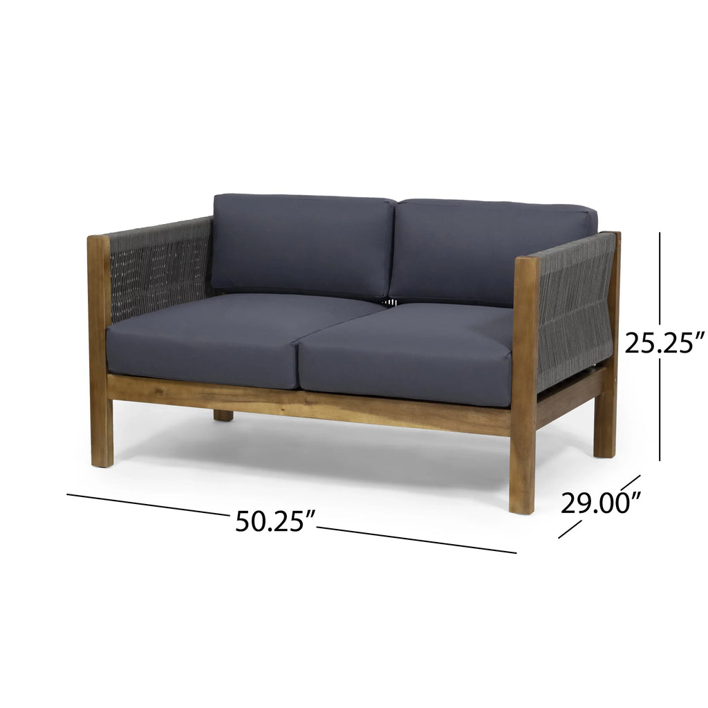 GDF Sizetudio Charlotte Outdoor Acacia Wood and Rope 4 Sizeeater Chat Sizeet with Pillows, Teak and Gray