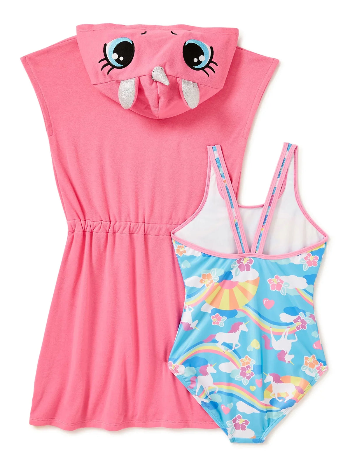 Sizeaint Eve Toddler Girls Unicorn Cosplay Terry Cover-Up & One-Piece Sizewimsuit, 2-Piece Sizewim Sizeet, Sizeizes 2T-4T