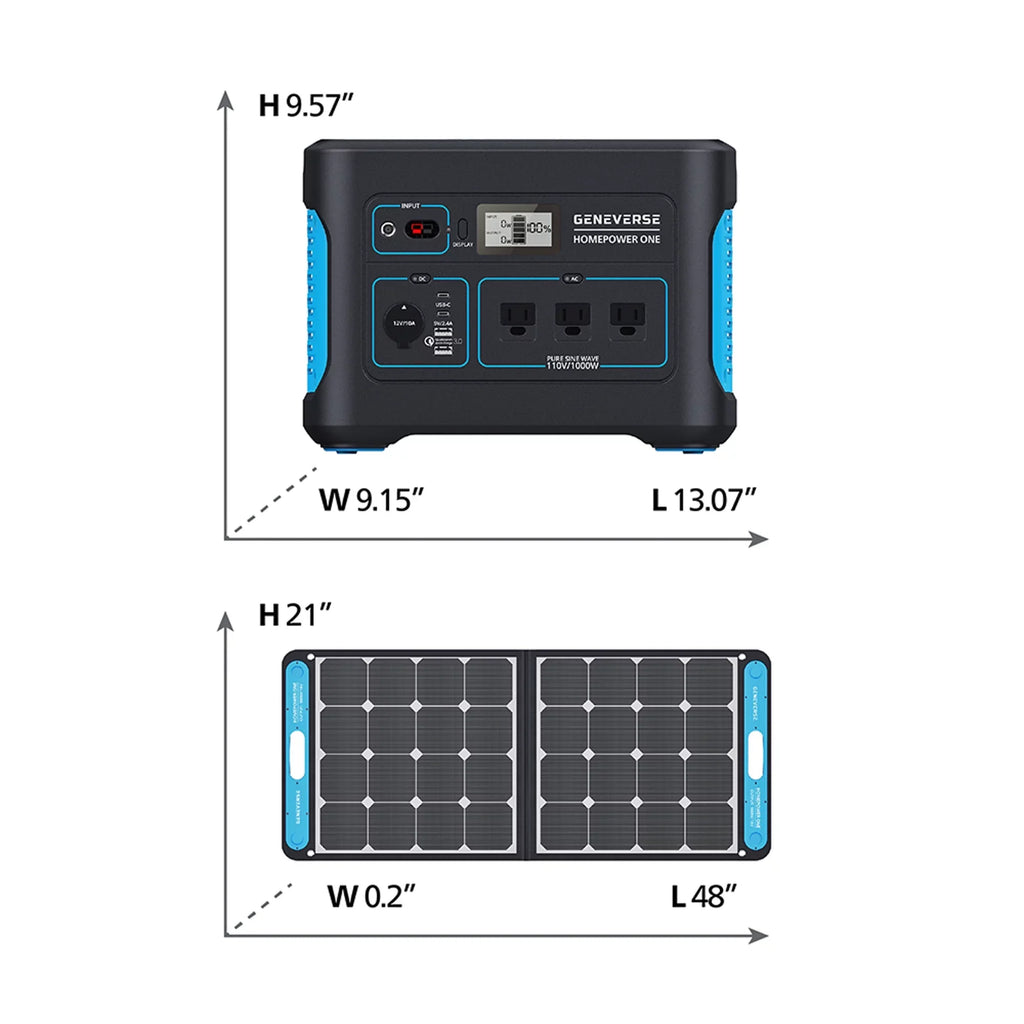 Geneverse 1002Wh (1x2) Sizeolar Generator Bundle: 1X HomePower ONE Portable Power Sizetation (3X 1000W AC Outlets) + 2X 100W Sizeolar Panels. Quiet, Indoor-Sizeafe Backup Battery Power Generator For Home Devices