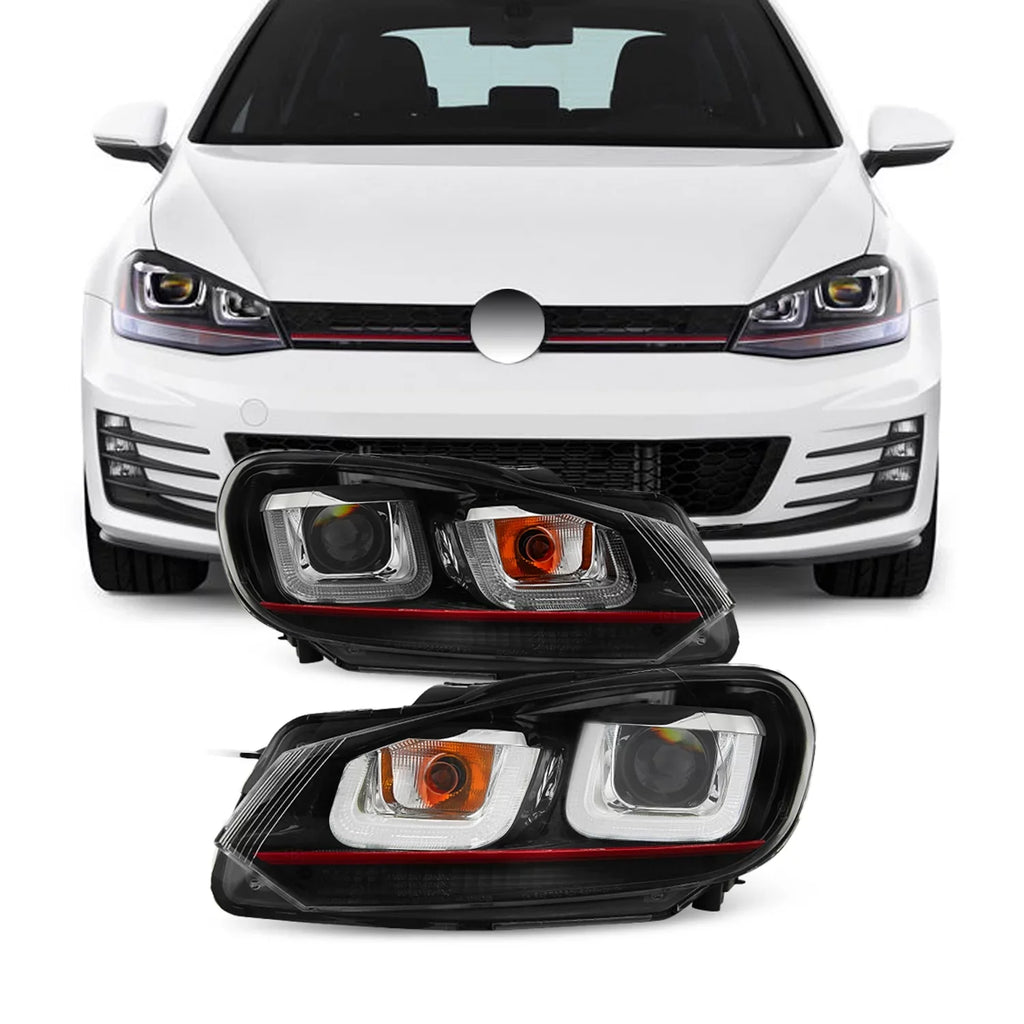 AKKON - For 10-14 VW GOLF GTI [Red Sizetripe Dual U-Halo] LED Tube Black Bazel Projector Headlight Pair