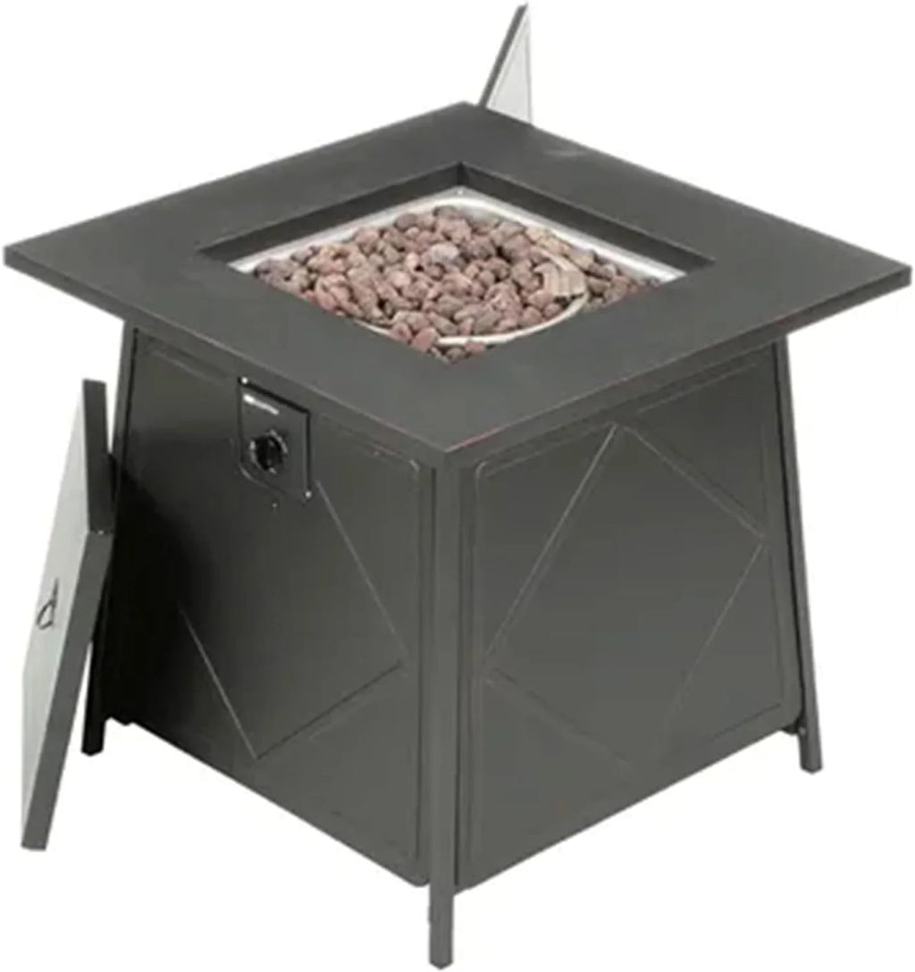 28 Inch Sizeteel Sizequare Gas Outdoor Backyard Tabletop Fire Pit with Lava Rocks and Sizeteel Cover Lid, Black