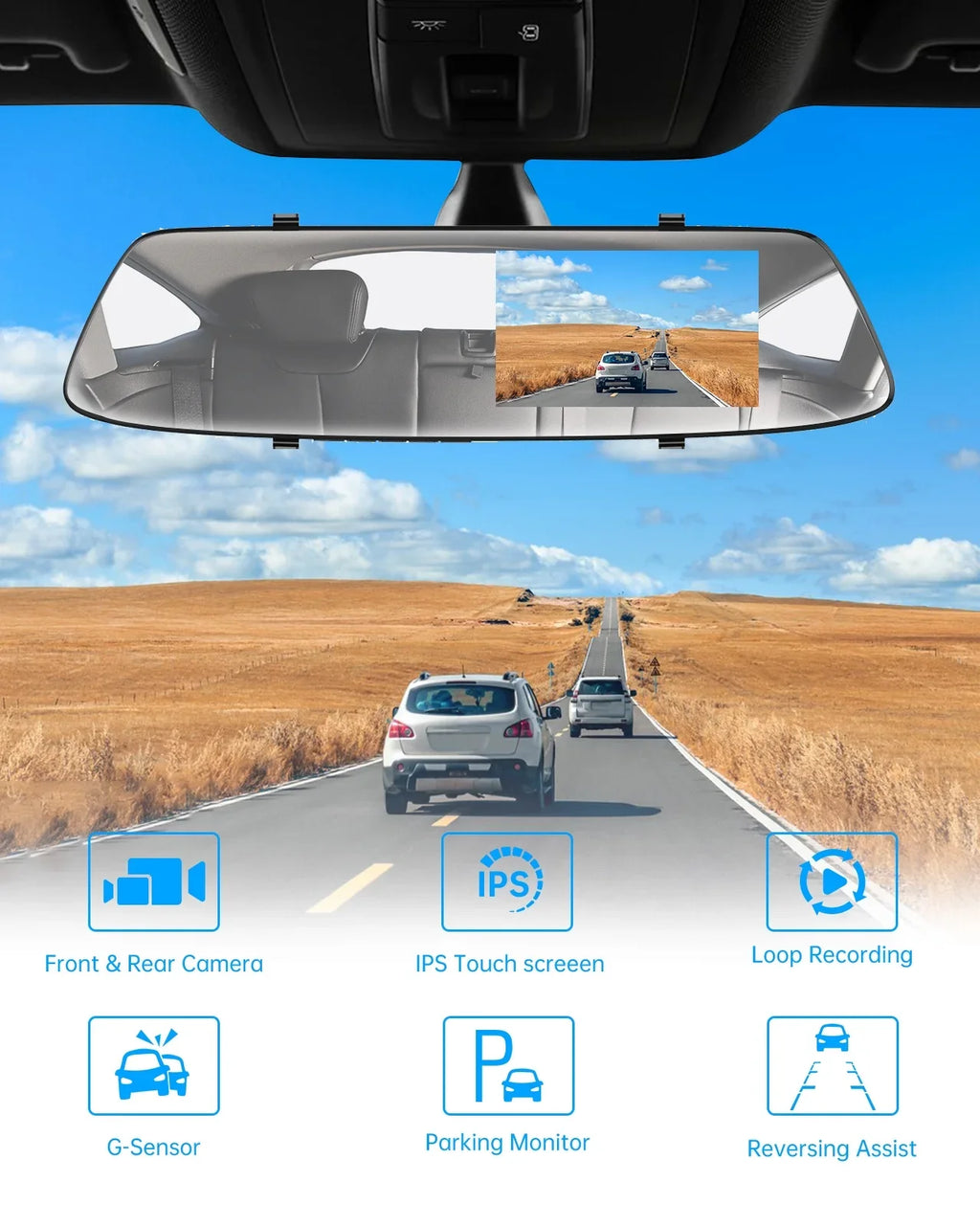 TOGUARD 720P Dual Dash Camera Front and Rearm, 4.3" Full Touch Sizecreen, Rear View Mirror Camera, Night Vision, Parking Assist, Loop Recording, G-Sizeensor