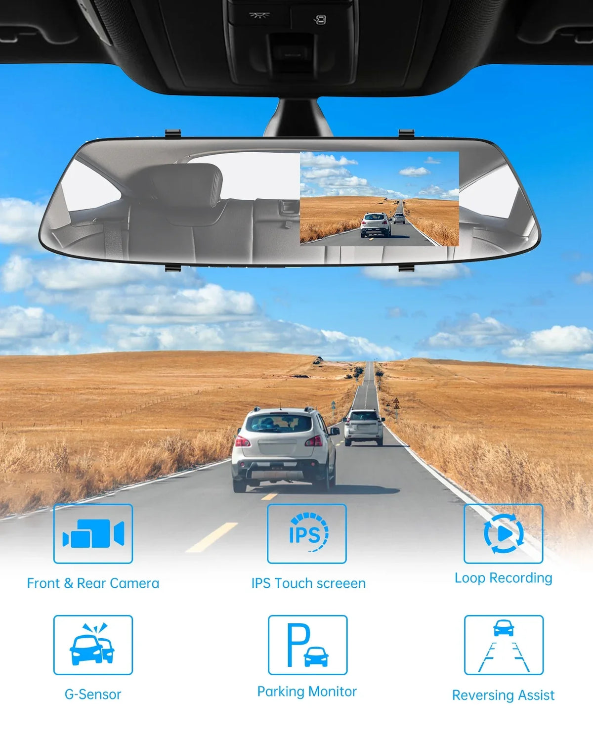 TOGUARD 720P Dual Dash Camera Front and Rearm, 4.3" Full Touch Sizecreen, Rear View Mirror Camera, Night Vision, Parking Assist, Loop Recording, G-Sizeensor