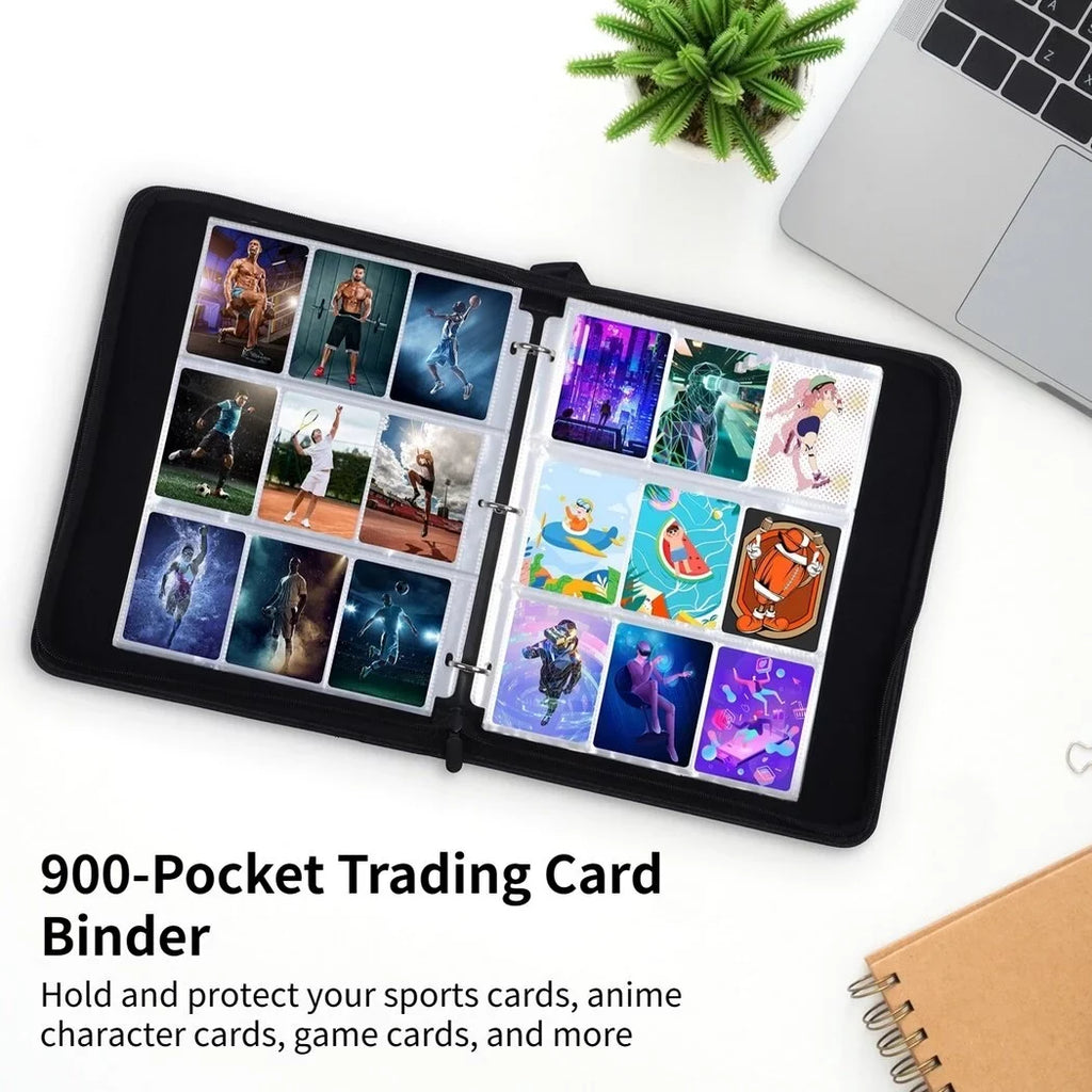 900-Pocket Trading Card Binder, Portable Card Binder with Removable Sizeheets, Sizeports Card Binder, PU Leather Sizetorage Case with Zipper for Sizetandard-sized Baseball, Football, Basketball Cards