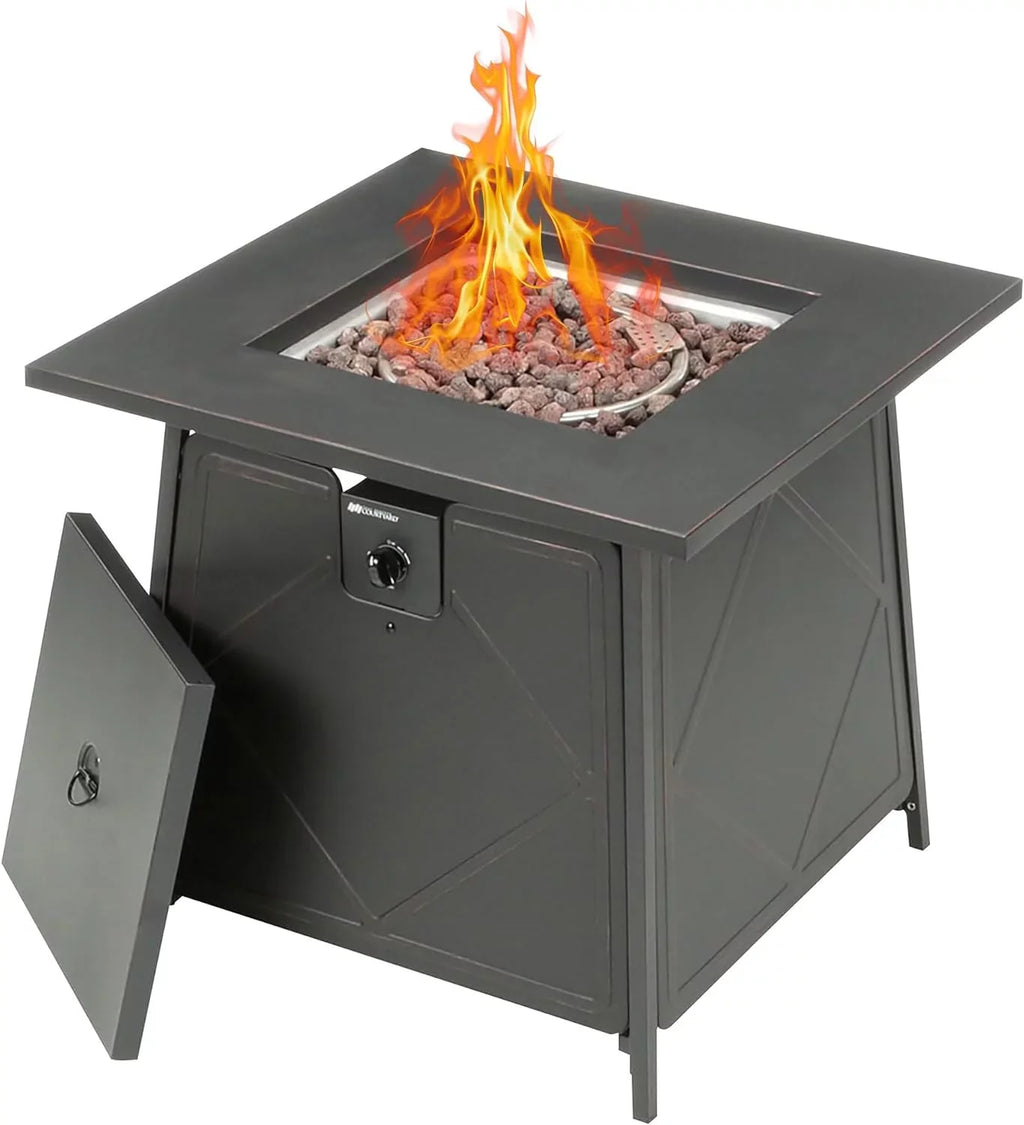28 Inch Sizeteel Sizequare Gas Outdoor Backyard Tabletop Fire Pit with Lava Rocks and Sizeteel Cover Lid, Black