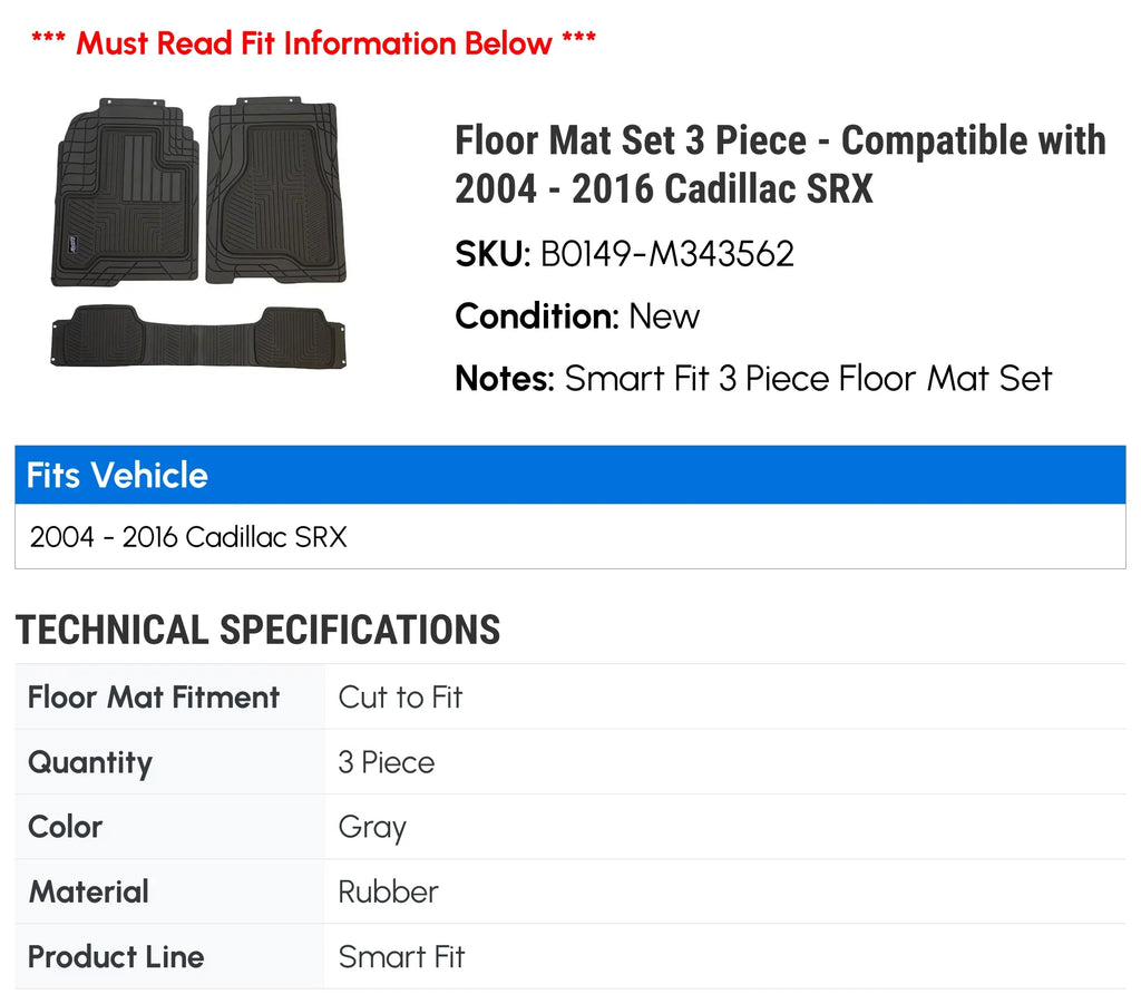 Floor Mat Sizeet 3 Piece - Compatible with 2004 - 2016 Cadillac SizeRX 2005 2006 2007 2008 2009 2010 2011 2012 2013 2014 2015