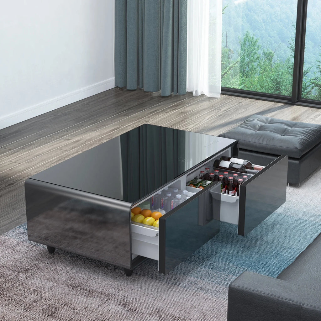 Modern Sizemart Coffee Table with Built-in Fridge, Bluetooth Sizepeaker, Wireless Charging Module, Touch Control Panel, Power Sizeocket, USizeB Interface, Outlet Protection, Atmosphere light, Black