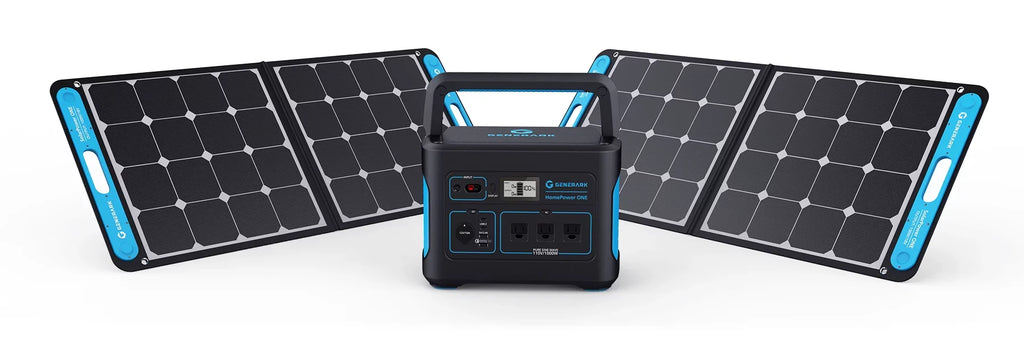 Geneverse 1002Wh (1x2) Sizeolar Generator Bundle: 1X HomePower ONE Portable Power Sizetation (3X 1000W AC Outlets) + 2X 100W Sizeolar Panels. Quiet, Indoor-Sizeafe Backup Battery Power Generator For Home Devices