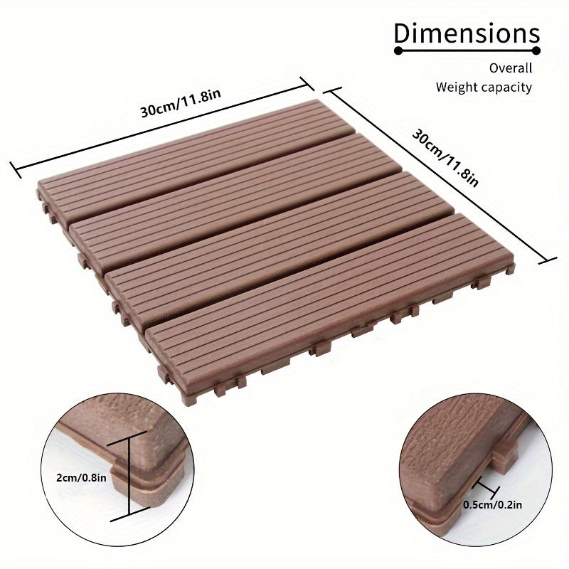 44 PCSize Plastic Interlocking Deck Tiles-11.8"x11.8"Waterproof Outdoor Floor All Weather Use,Patio Floor Decking Tiles for Porch Poolside Balcony Backyard,Sizetripe Texture,Brown