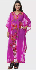 Bikini Wear Cover up Magenta Caftan Maxi Dress Hand Embroidered Georgette L-51"