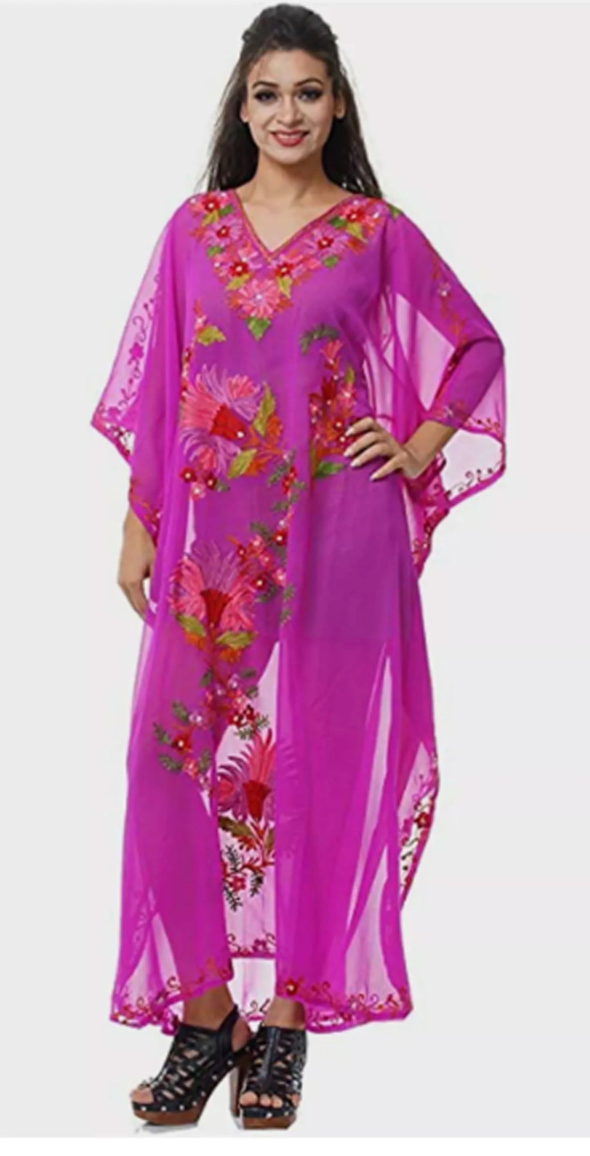 Bikini Wear Cover up Magenta Caftan Maxi Dress Hand Embroidered Georgette L-51"