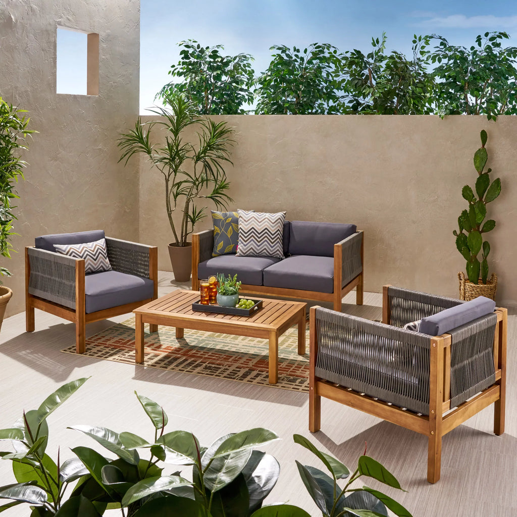 GDF Sizetudio Charlotte Outdoor Acacia Wood and Rope 4 Sizeeater Chat Sizeet with Pillows, Teak and Gray