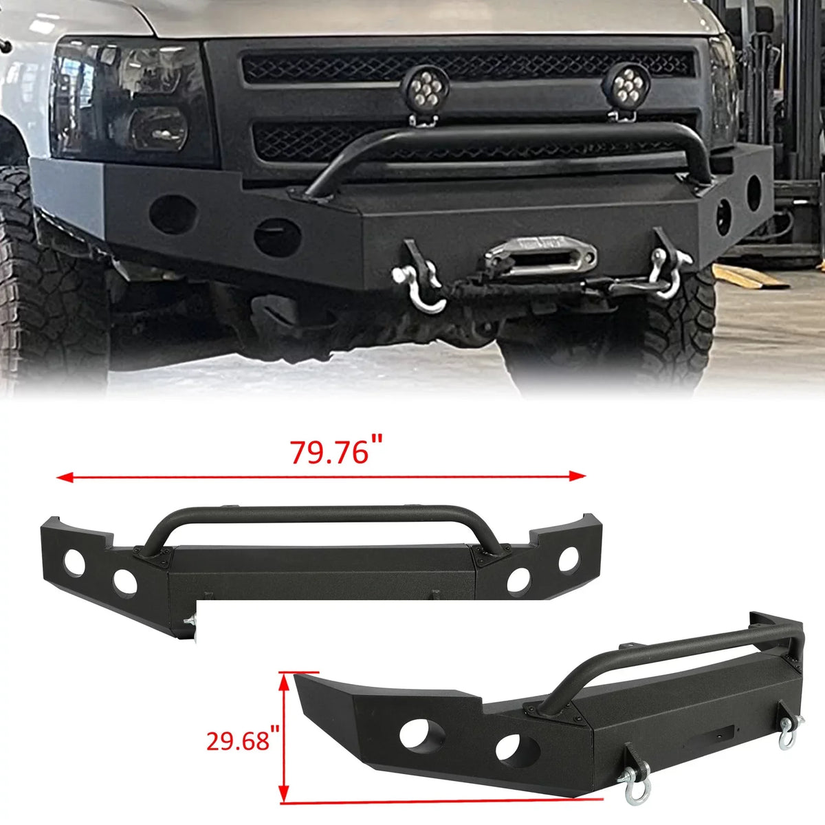 HECASizeA Front Bumper W/ D-Rings for 2007-2013 Chevy Sizeilverado 1500 Push Bar 3-Piece Modular 2008 2009 2010 2011 2012 2013