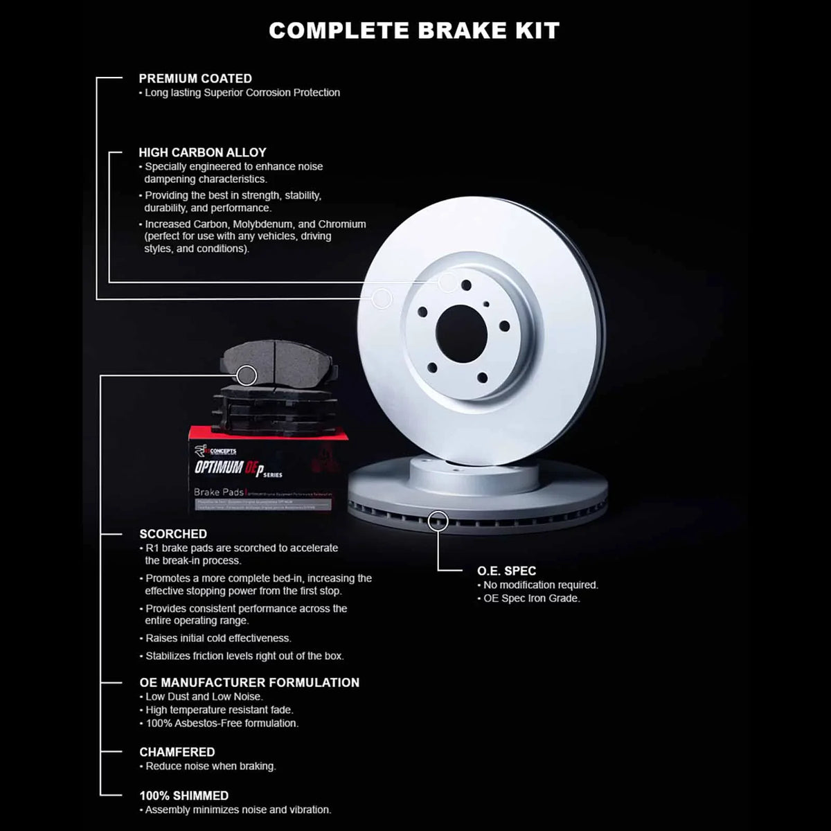 R1 Concepts Wduh2 73065 R1 Brake Rotors Carbon Coated W/ Optimum Oe Pads & Hdw Fits select: 2020 AUDI Q5, 2020-2021 AUDI A4