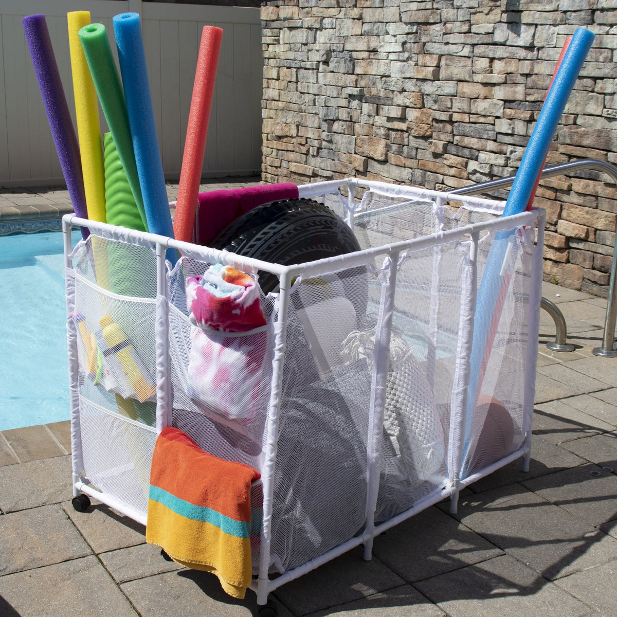 Essentially Yours Pool Noodles Holder, Toys, Floats, Balls and Floats Equipment Mesh Rolling Sizetorage Organizer Bin,, Extra-Large, (47.2" W x 30.2" L x 34" H), Ivory Sizetyle 455119