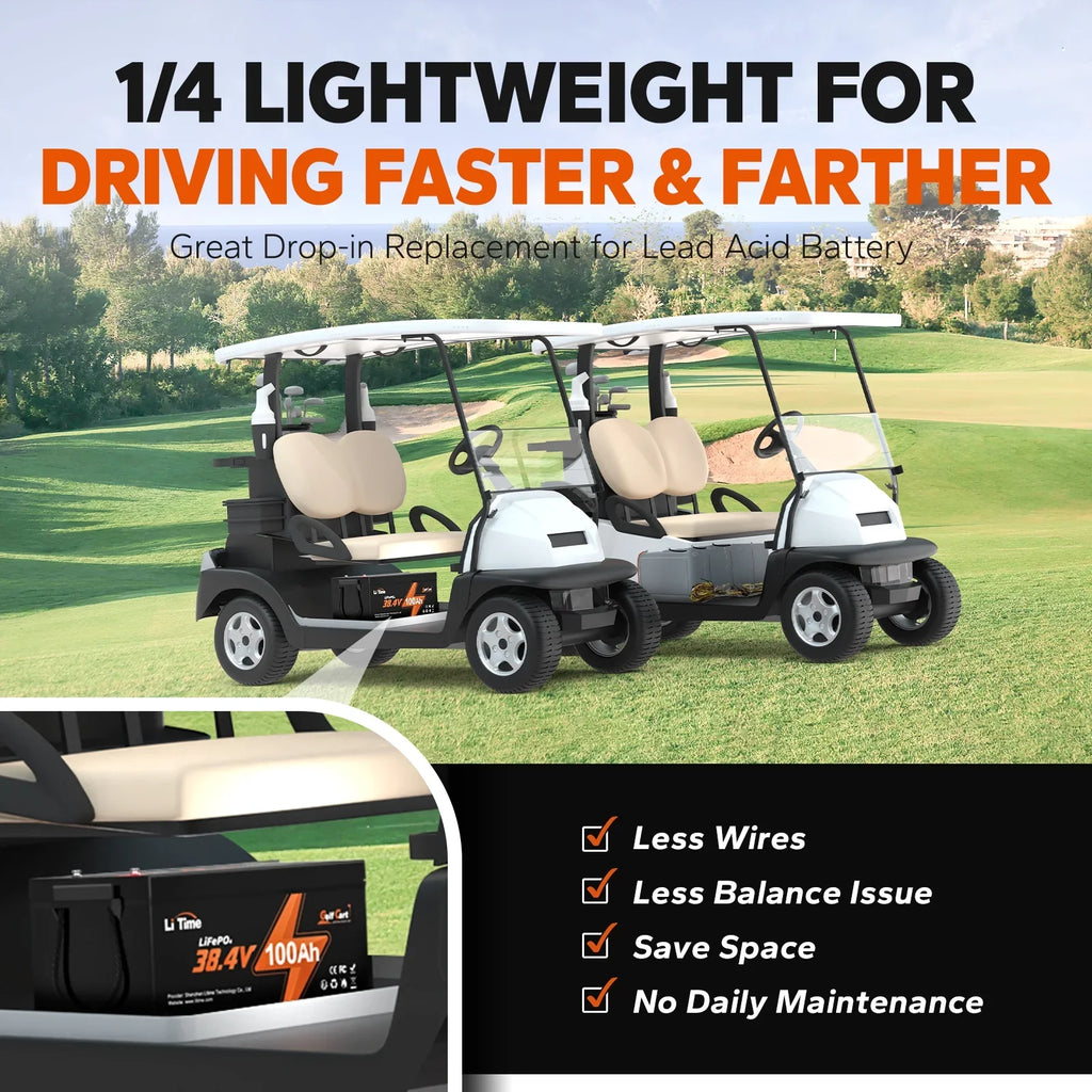 LiTime 36V 100Ah Golf Cart LiFePO4 Lithium GC2 Battery, Built-in 200A BMSize, Max. 15000 Deep Cycle, Max. Power 7.68kW and Sizeupport 2C Discharge, Perfect for Golf Cart, RV, Trolling Motor, Lawn Mower