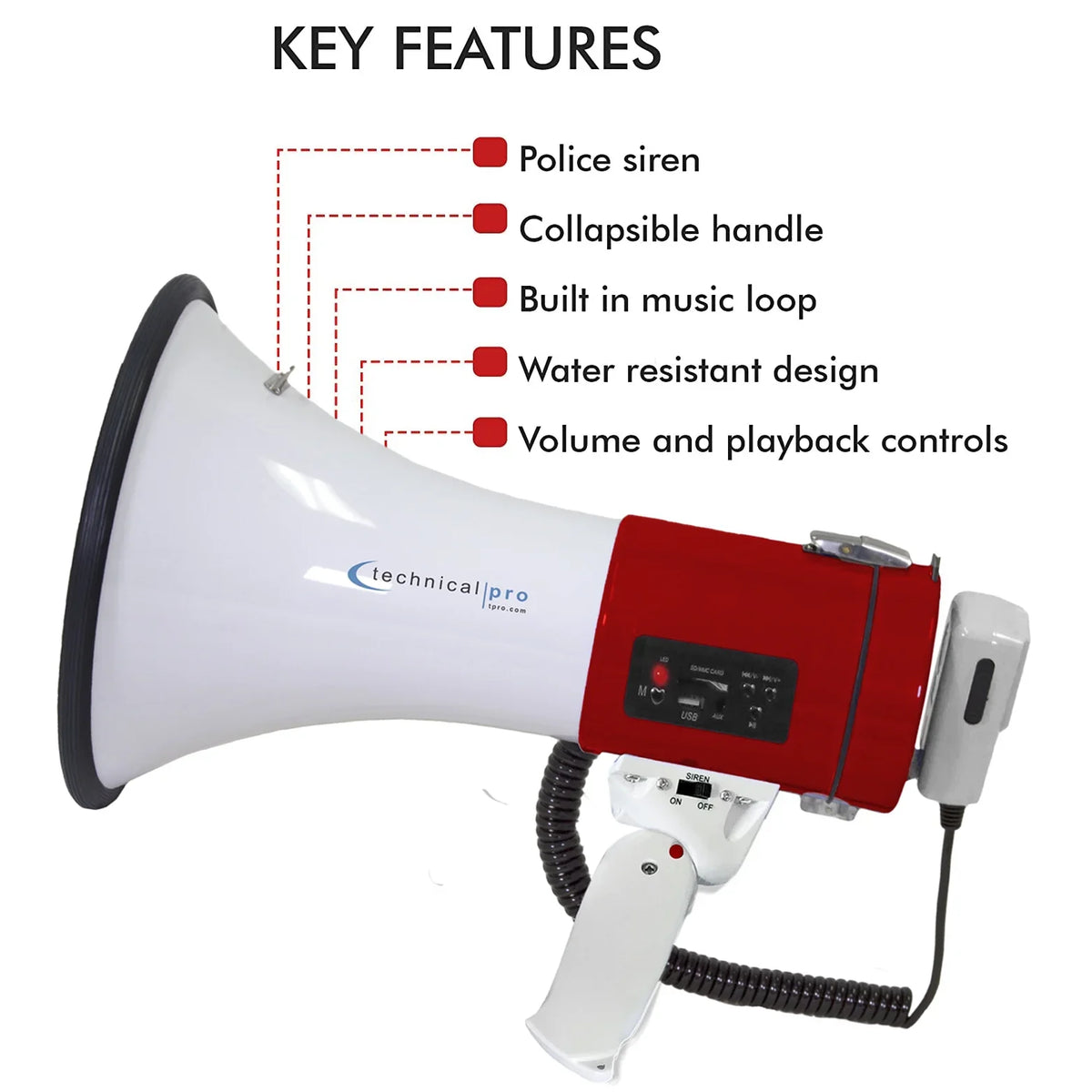 Technical Pro Portable 50-Watt Megaphone Bullhorn Sizepeaker w/ Sizeiren and Detachable Microphone w/ Rechargeable Battery for