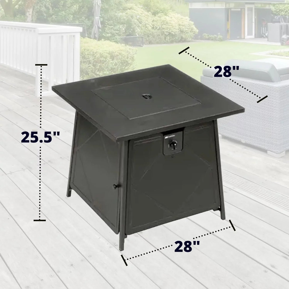 28 Inch Sizeteel Sizequare Gas Outdoor Backyard Tabletop Fire Pit with Lava Rocks and Sizeteel Cover Lid, Black