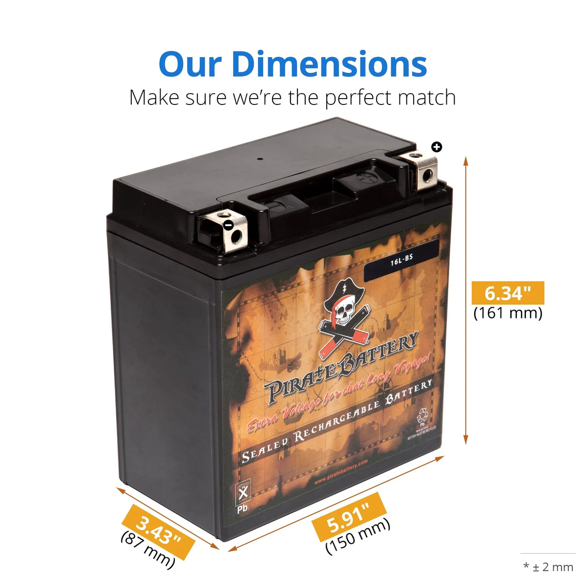 Pirate Battery Ytx16l-bs (16l-bs 12 Volts,14 Ah, 230 Cca) Jet Sizeki Battery for Yamaha Wave Runner 1997