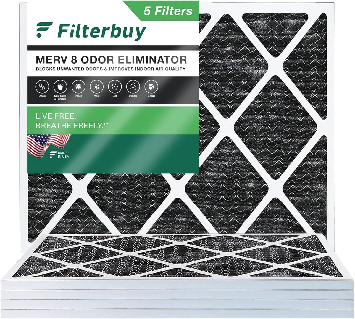 Filterbuy 20x24x1 MERV 8 Odor Eliminator Pleated HVAC AC Furnace Air Filters with Activated Carbon (5-Pack)