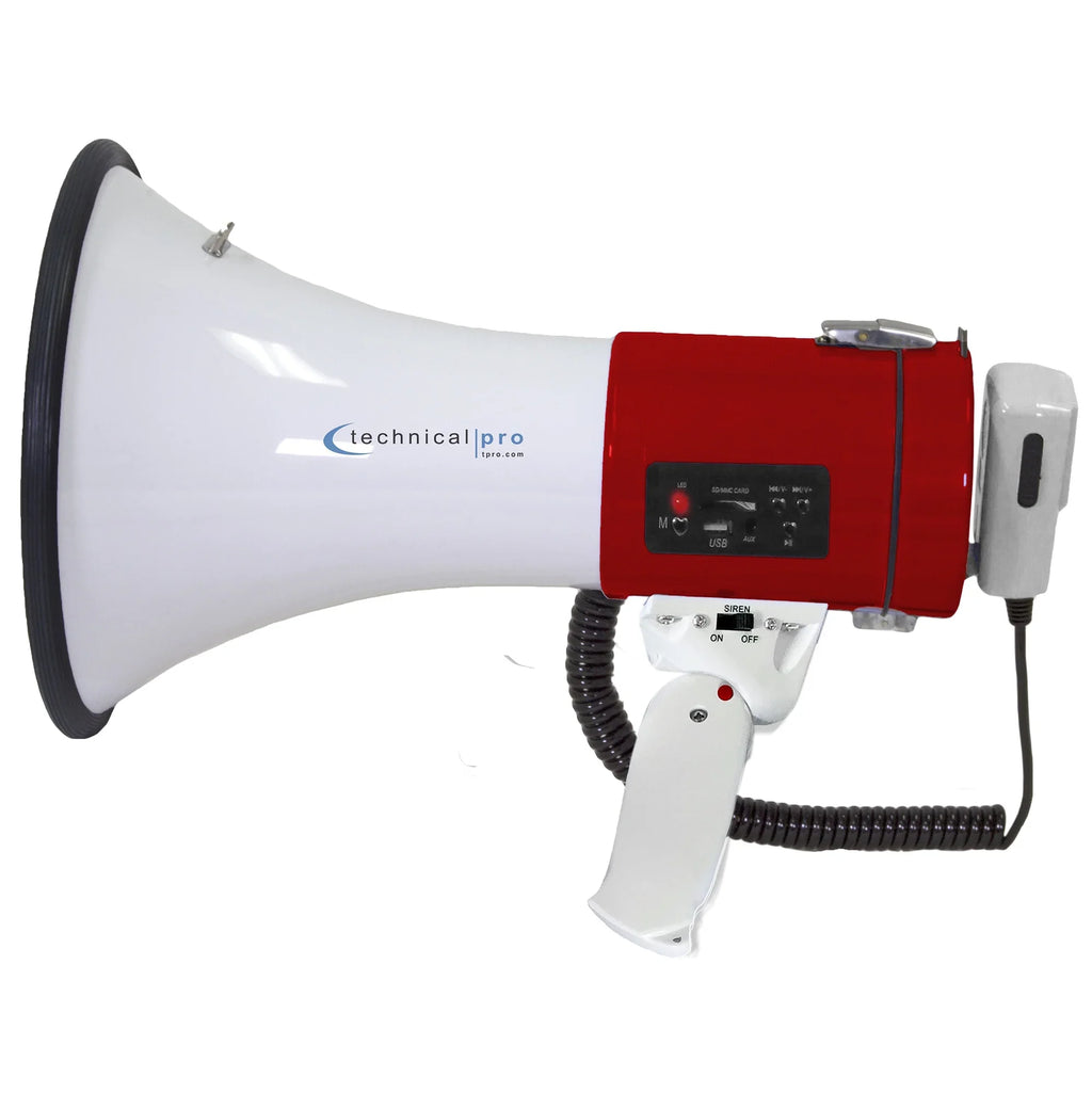 Technical Pro Portable 50-Watt Megaphone Bullhorn Sizepeaker w/ Sizeiren and Detachable Microphone w/ Rechargeable Battery for