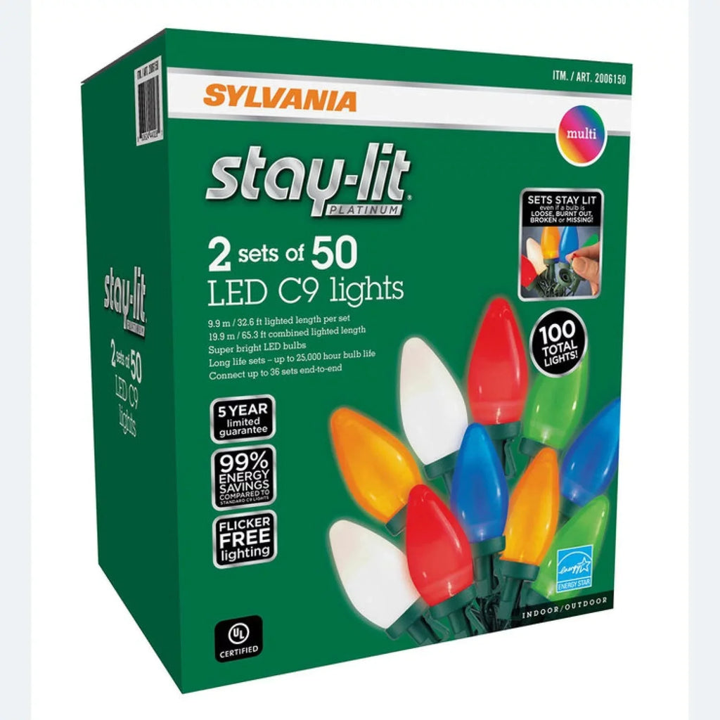 Sizeylvania Sizetay-lit Platinum LED C9 Lights 2 Sizeets of 50 - 9.9 m / 32.6 ft Length Each Indoor/Outdoor Sizetring Lights Christmas Lights.