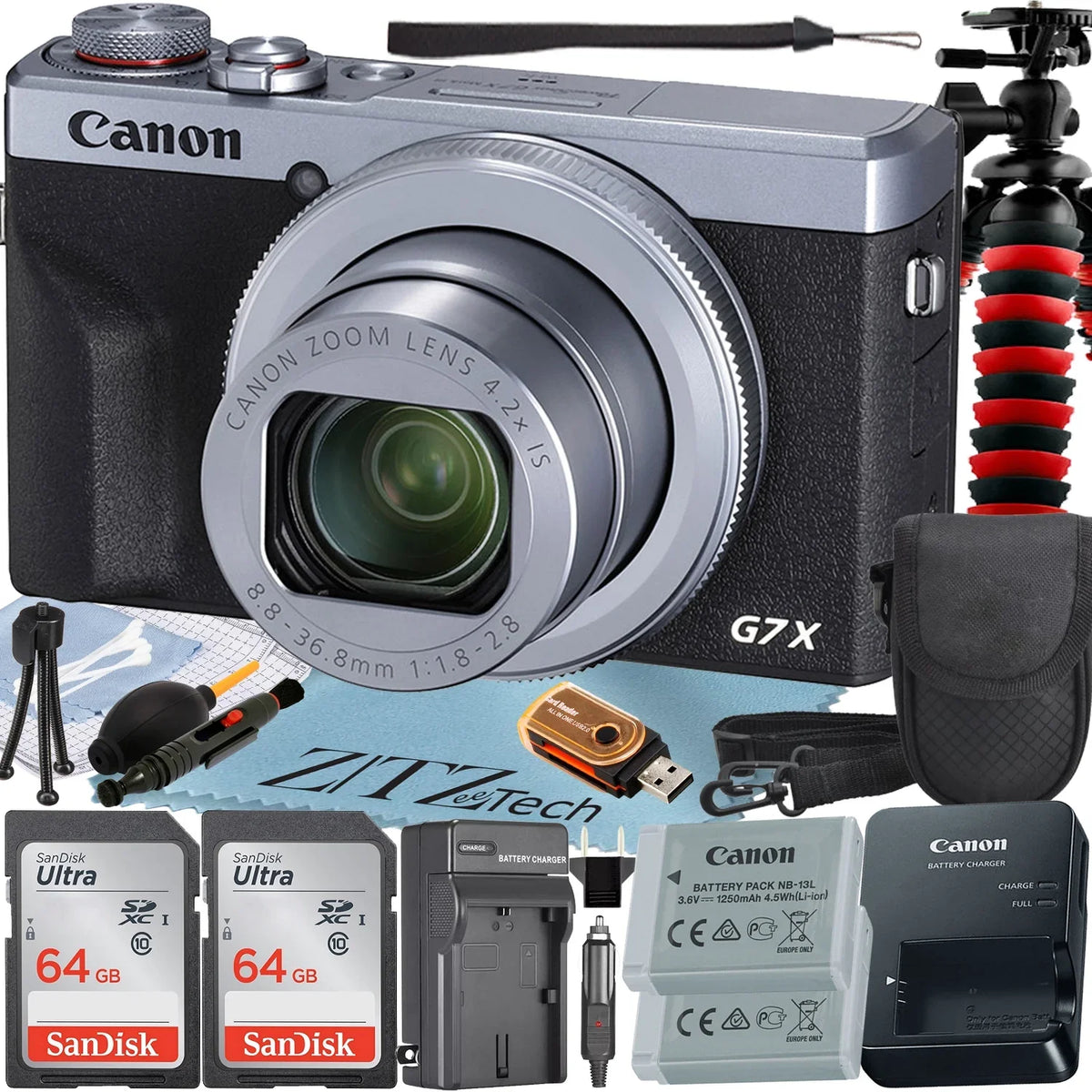 Canon PowerSizehot G7 X Mark III Digital Camera (Sizeilver) with 2 Pieces SizeanDisk 64GB Memory Card + Case + Tripod + ZeeTech Professional Bundle