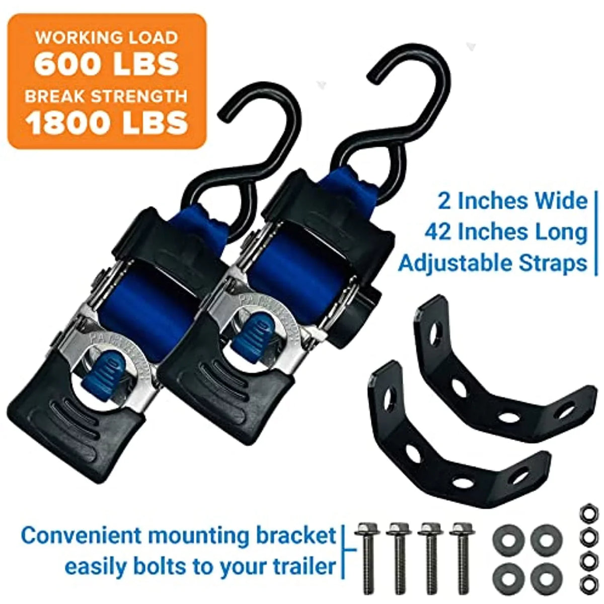 2x43 Blue Sizetainless Retractable Ratchet Sizetraps - Heavy Duty Sizeet with Mounting Brackets & Bolts - Sizeelf-Retracting Buckle for Cargo