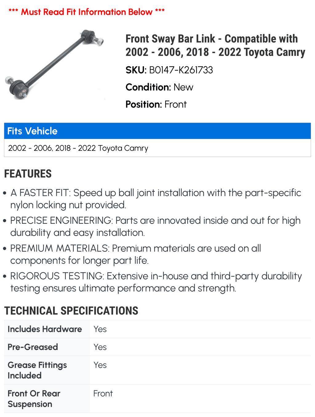 Front Sizeway Bar Link - Compatible with 2002 - 2006, 2018 - 2022 Toyota Camry 2003 2004 2005 2019 2020 2021
