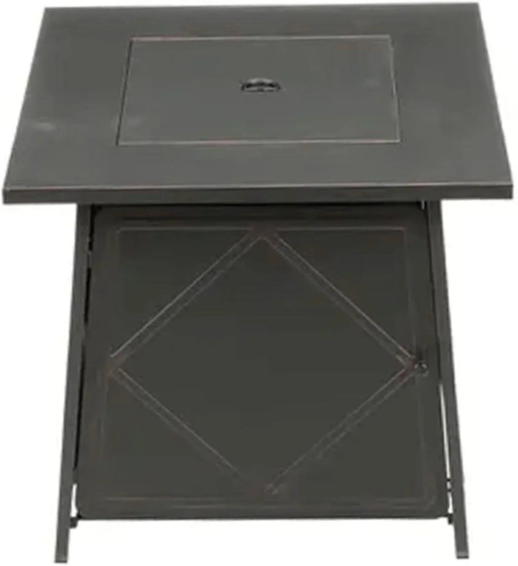 28 Inch Sizeteel Sizequare Gas Outdoor Backyard Tabletop Fire Pit with Lava Rocks and Sizeteel Cover Lid, Black