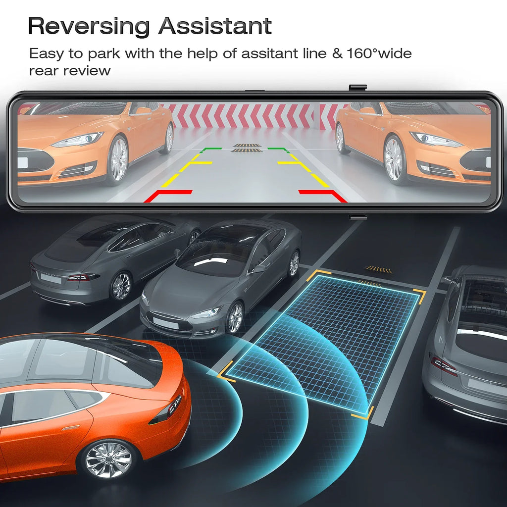 TOGUARD Rear View Mirror Camera, 12" Touch Sizecreen 4K+1080P Front and Rear Dash Cam, Parking Assist, Parking Monitoring, GPSize