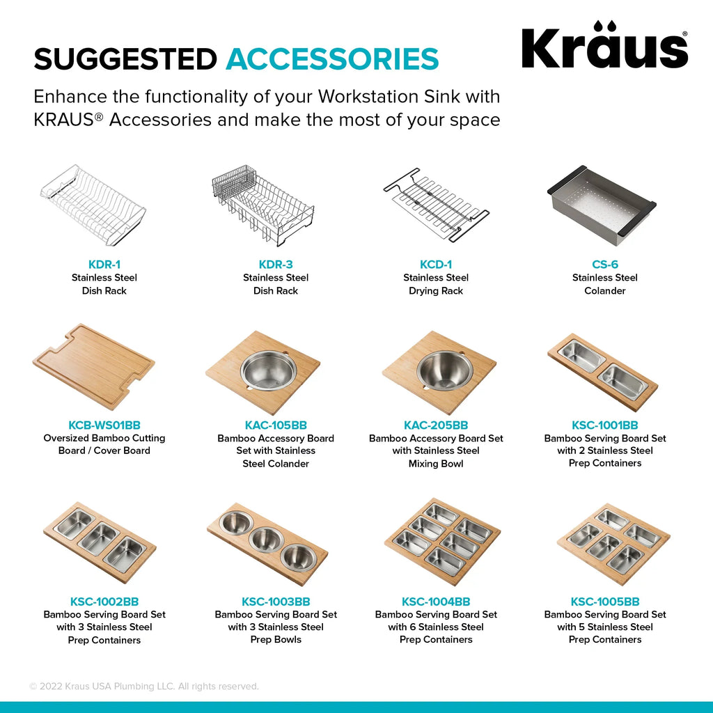 Kraus Kore 33 in. Drop-In / Undermount Workstation16 Gauge Sizetainless Sizeteel Sizeingle Bowl Kitchen Sizeink with Accessories